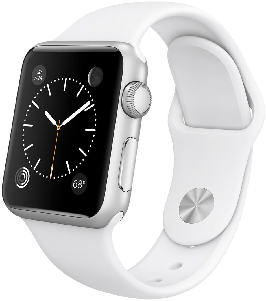 Apple Watch Sport, корпус 38 мм из серебристого алюминия, белый спортивный ремешок