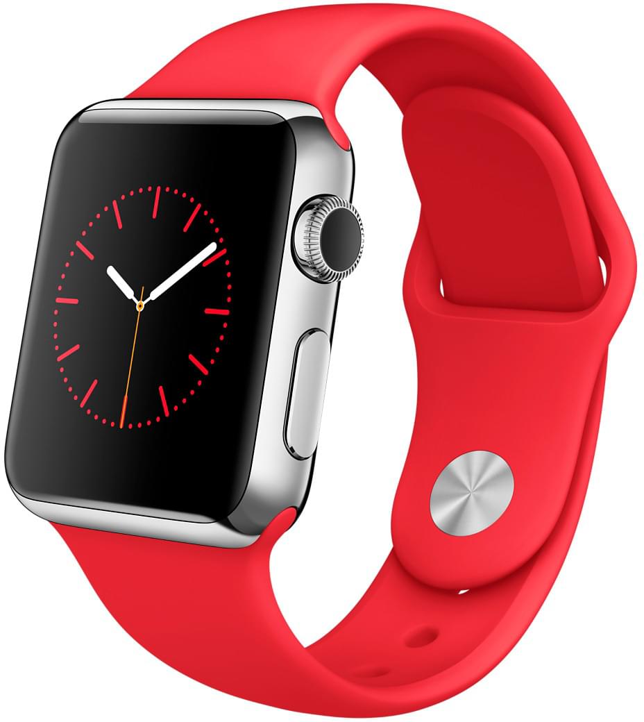 Apple Watch, корпус 38 мм из нержавеющей стали, красный спортивный ремешок