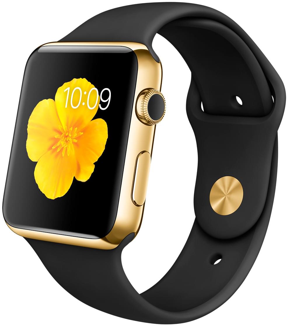 Apple Watch Edition, корпус 42 мм из 18-каратного жёлтого золота, чёрный спортивный ремешок