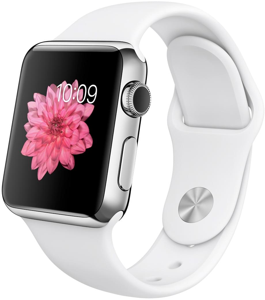 Apple Watch, корпус 38 мм из нержавеющей стали, белый спортивный ремешок