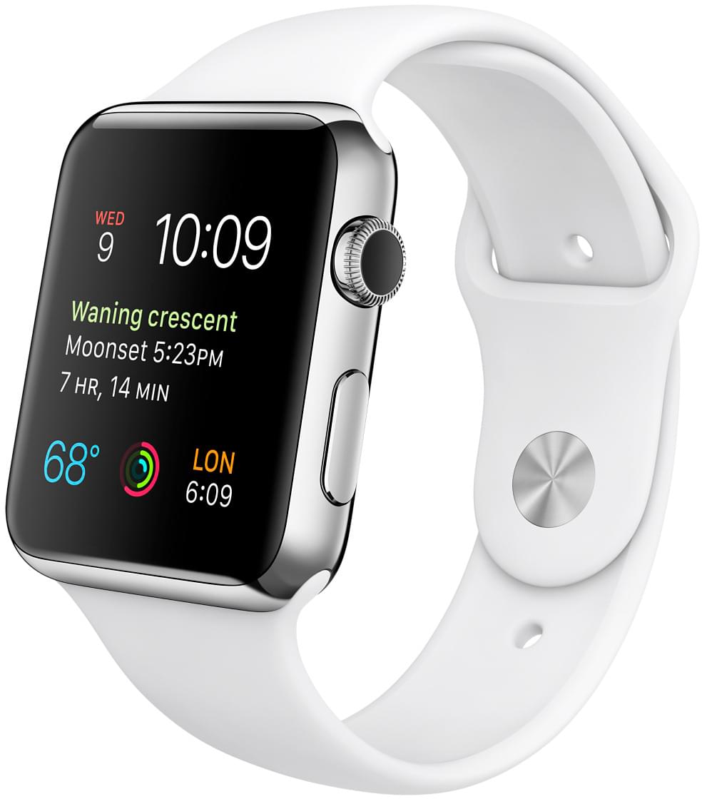 Apple Watch, корпус 42 мм из нержавеющей стали, белый спортивный ремешок